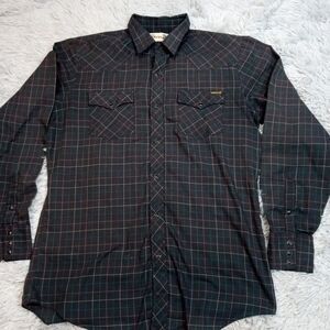 Vintage Roebucks Shirt Mens L Tall Gray Plaid Western Snap Up Chore Barn Rancher